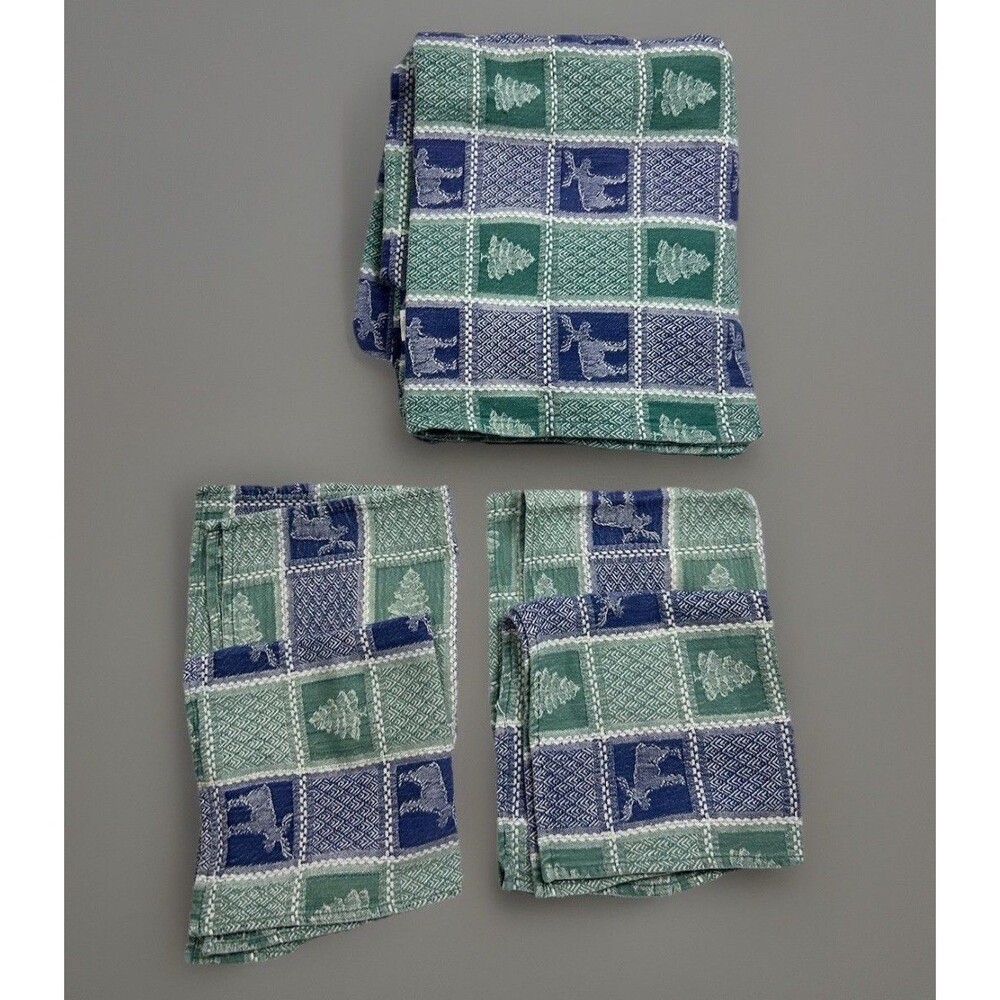 Rustic Moose Pine Tree Tablecloth Napkins Set Lodge Cabin Cotton 52x84